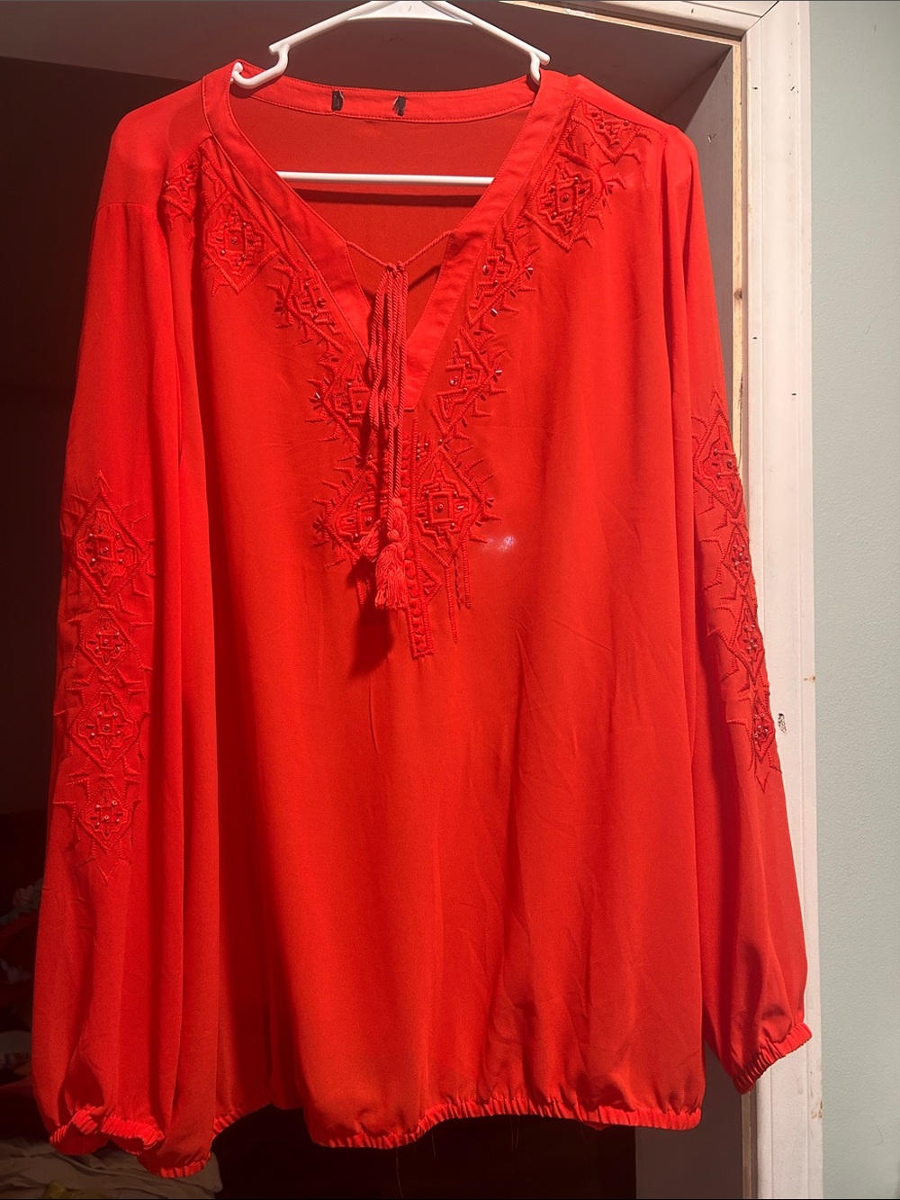 Lane Bryant Red Embroidered Tie-Front Tunic